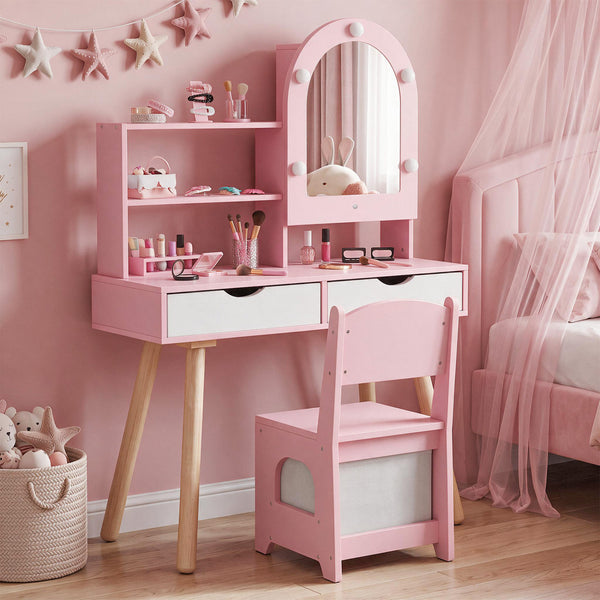 Kids Vanity Set Pretend Play Dressing Table Set with 3-Color Lighting Modes and Mirror Cabinet