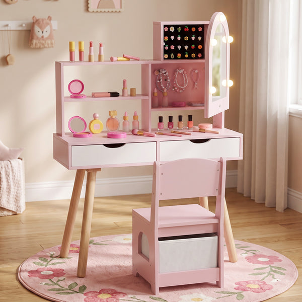 Kids Vanity Set Pretend Play Dressing Table Set with 3-Color Lighting Modes and Mirror Cabinet