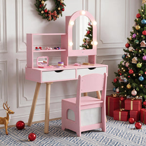 Kids Vanity Set Pretend Play Dressing Table Set with 3-Color Lighting Modes and Mirror Cabinet