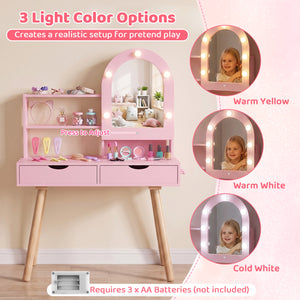 Kids Vanity Set Pretend Play Dressing Table Set with 3-Color Lighting Modes and Mirror Cabinet