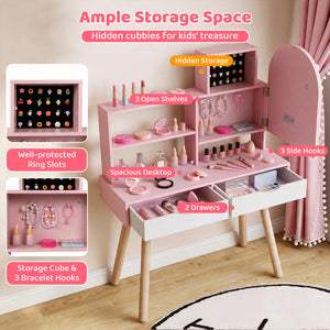 Kids Vanity Set Pretend Play Dressing Table Set with 3-Color Lighting Modes and Mirror Cabinet