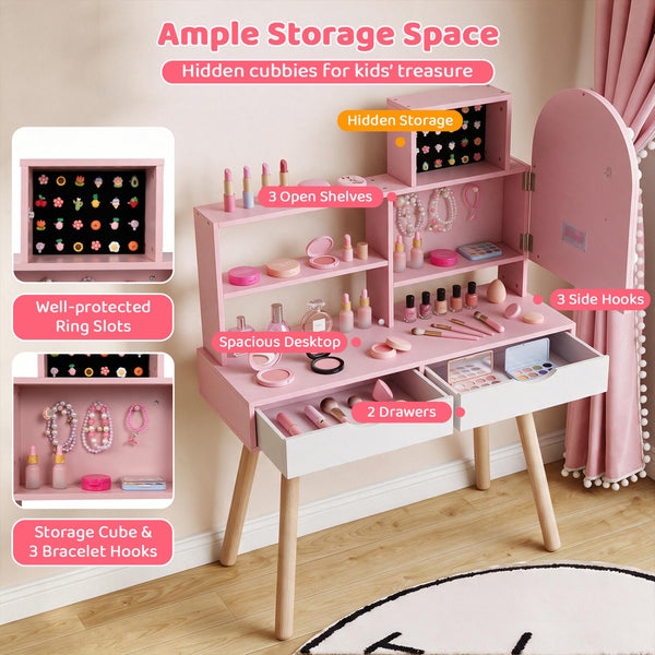 Kids Vanity Set Pretend Play Dressing Table Set with 3-Color Lighting Modes and Mirror Cabinet