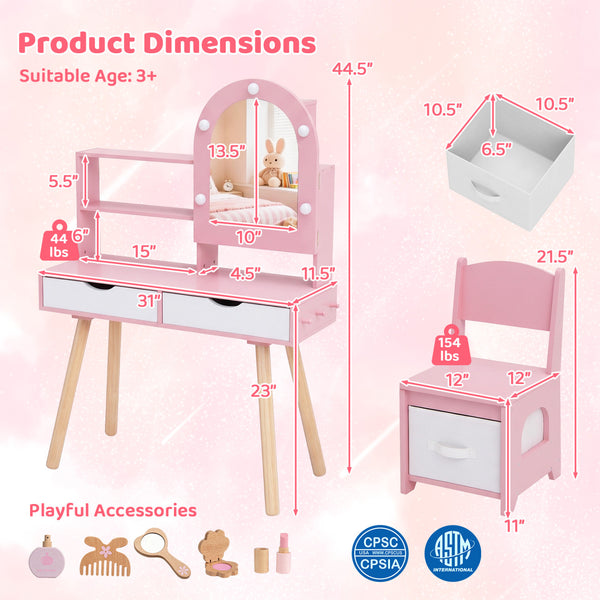 Kids Vanity Set Pretend Play Dressing Table Set with 3-Color Lighting Modes and Mirror Cabinet