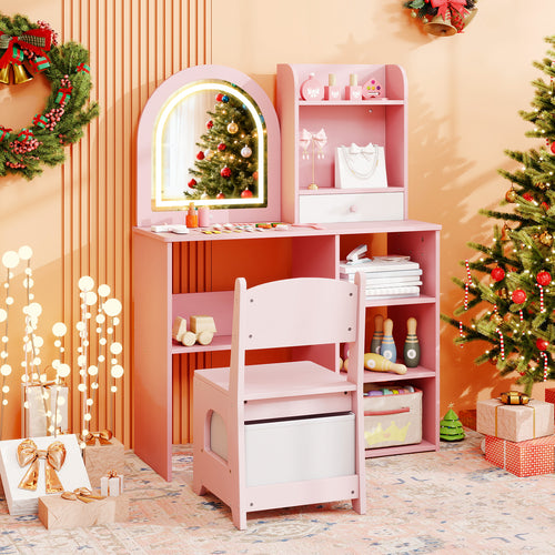 Kids vanity set with chair and LED lighted mirror for princess-themed makeup play. Perfect furniture for little girls.