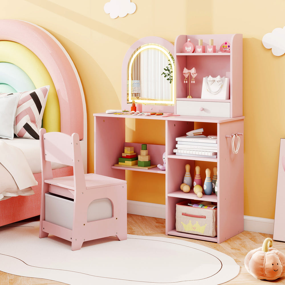Kids vanity set with chair and LED lighted mirror for princess-themed makeup play. Perfect furniture for little girls.