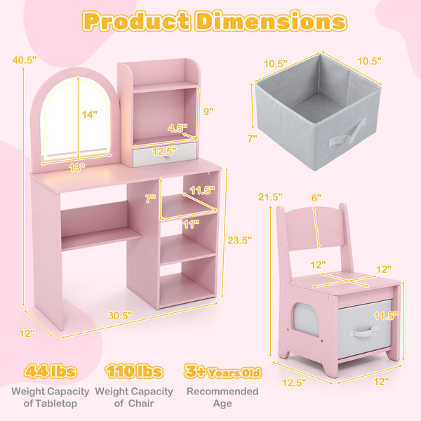 Kids Vanity Set Princess Girls Makeup Vanity Desk with Chair and 3-Color LED Lighted Mirror