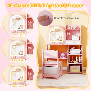 Kids Vanity Set Princess Girls Makeup Vanity Desk with Chair and 3-Color LED Lighted Mirror