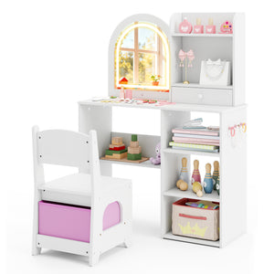 Kids Vanity Set Princess Girls Makeup Vanity Desk with Chair and 3-Color LED Lighted Mirror