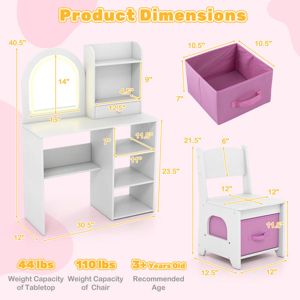 Kids Vanity Set Princess Girls Makeup Vanity Desk with Chair and 3-Color LED Lighted Mirror