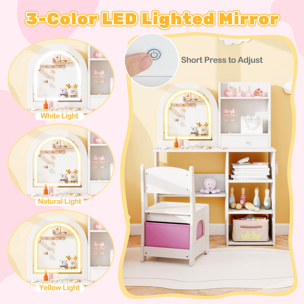 Kids Vanity Set Princess Girls Makeup Vanity Desk with Chair and 3-Color LED Lighted Mirror
