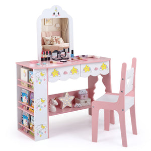 Kids Vanity Set Princess Girls Makeup Table with Mirror and Chair-White
