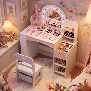 Kids Vanity Set with Colorful LED Lights and Jewelry Stand for Toddlers