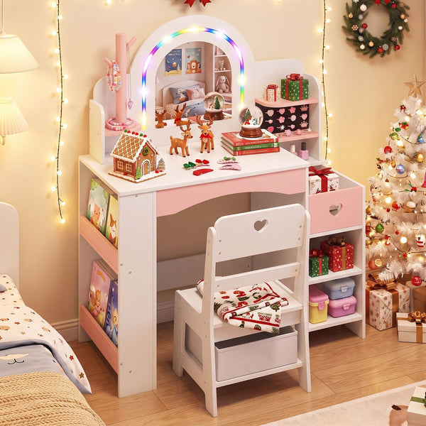 Kids Vanity Set with Colorful LED Lights and Jewelry Stand for Toddlers