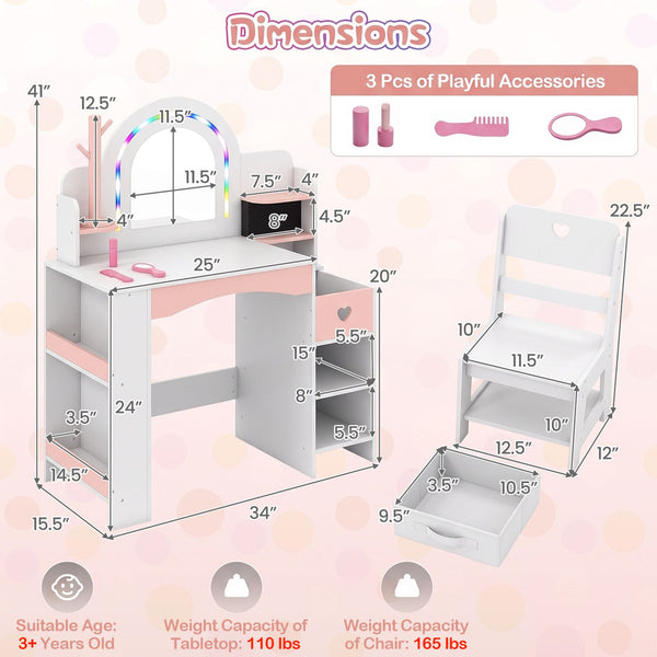 Kids Vanity Set with Colorful LED Lights and Jewelry Stand for Toddlers