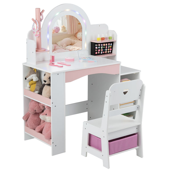 Kids Vanity Set with Colorful LED Lights - Princess Makeup Dressing Table and Chair for fun dress-up play.