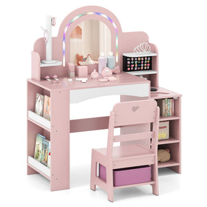 Colorful kids vanity set with LED lights, featuring a princess makeup dressing table and chair, angle view.