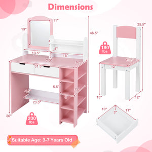 Kids Vanity Set with Chair and Mirror Makeup Dressing Desk with Storage Shelves and Drawers-White & Pink