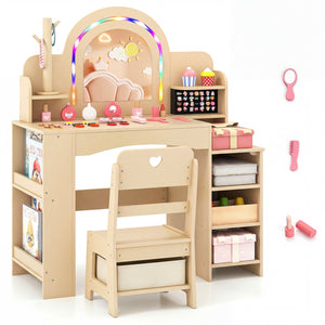 Kids Vanity Set with LED Mirror and Chair - Natural