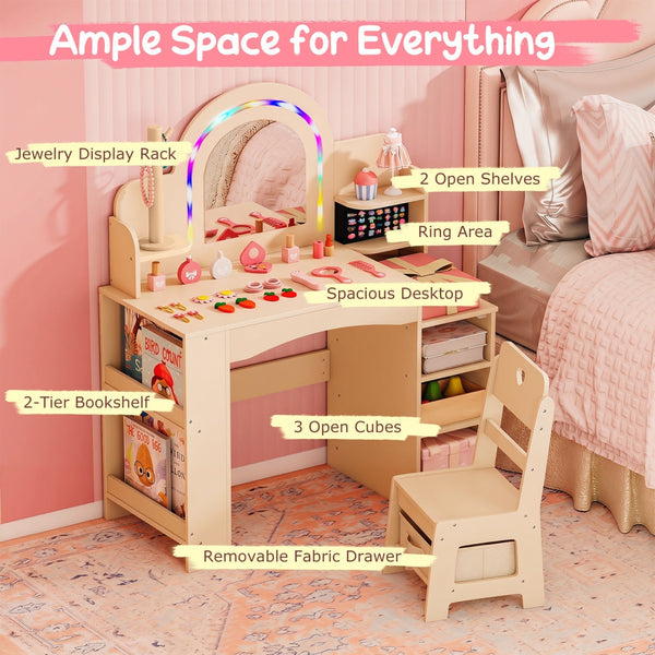 Kids Vanity Set with LED Mirror and Chair - Natural