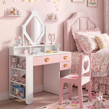 Kids Vanity Set with Crown Mirror & Chair for Girls-White