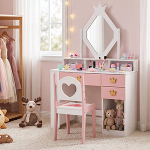 Kids Vanity Set with Crown Mirror & Chair for Girls-White