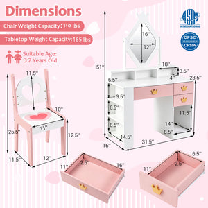 Kids Vanity Set with Crown Mirror & Chair for Girls-White