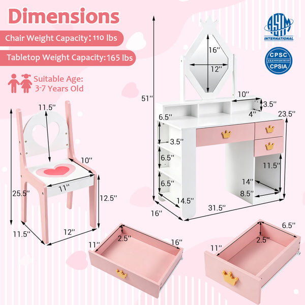 Kids Vanity Set with Crown Mirror & Chair for Girls-White
