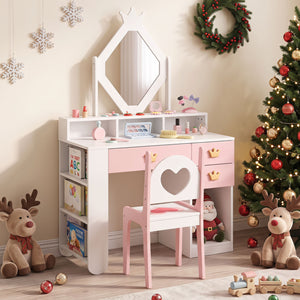 Kids Vanity Set with Crown Mirror & Chair for Girls-White