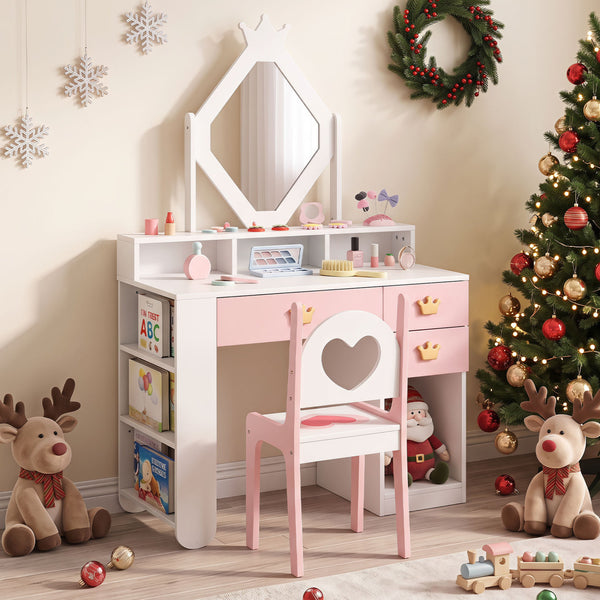 Kids Vanity Set with Crown Mirror & Chair for Girls-White