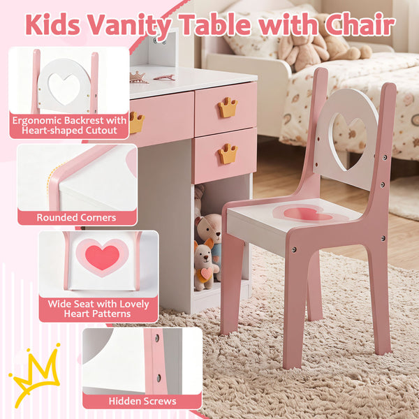Kids Vanity Set with Crown Mirror & Chair for Girls-White