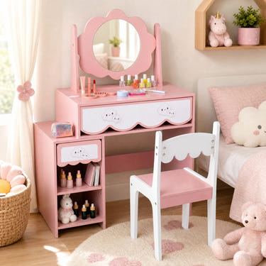 Kids Vanity Set with 360Â° Rotating Mirror & Chair for Girls-Pink