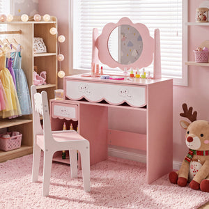 Kids Vanity Set with 360Â° Rotating Mirror & Chair for Girls-Pink