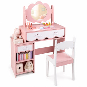 Kids Vanity Set with 360Â° Rotating Mirror & Chair for Girls-Pink
