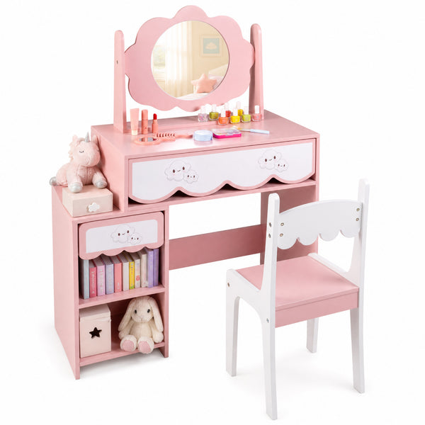 Kids Vanity Set with 360Â° Rotating Mirror & Chair for Girls-Pink