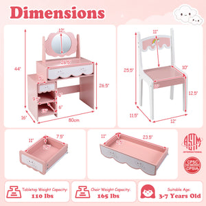 Kids Vanity Set with 360Â° Rotating Mirror & Chair for Girls-Pink