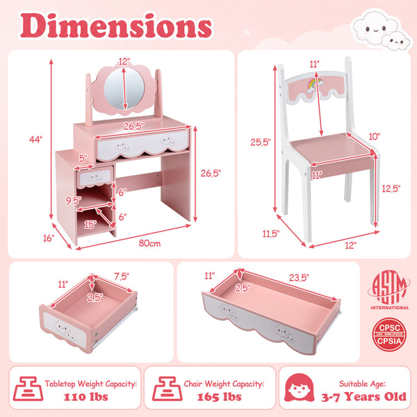 Kids Vanity Set with 360Â° Rotating Mirror & Chair for Girls-Pink