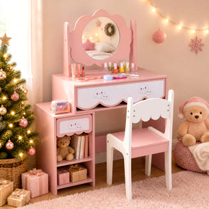 Kids Vanity Set with 360Â° Rotating Mirror & Chair for Girls-Pink