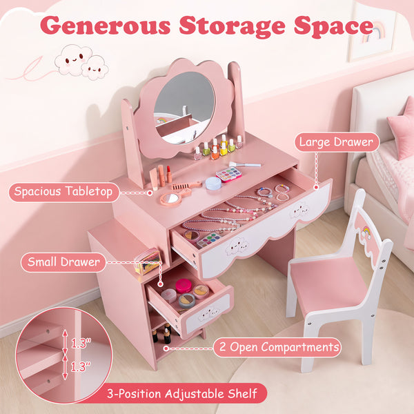 Kids Vanity Set with 360Â° Rotating Mirror & Chair for Girls-Pink