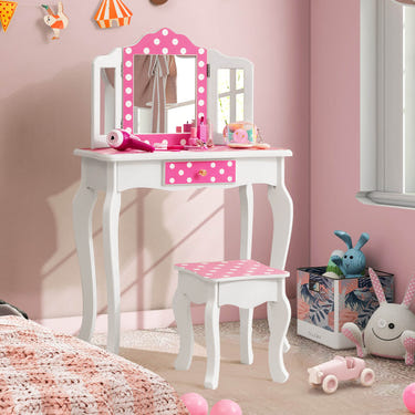 Kids pink vanity table and stool set with cute polka dot print for stylish playtime.