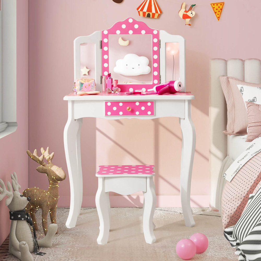 Kids pink vanity table and stool set with cute polka dot print for stylish playtime.