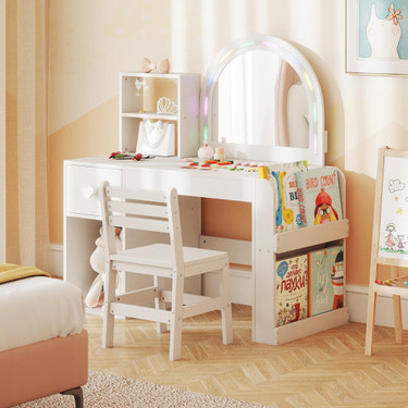 Kids vanity table and chair set with lighted mirror for ages 3+, in white, perfect for imaginative play.