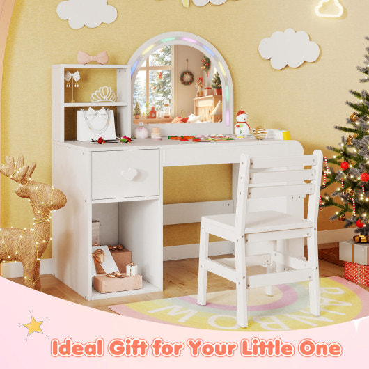 Kids vanity table and chair set with lighted mirror for ages 3+, in white, perfect for imaginative play.