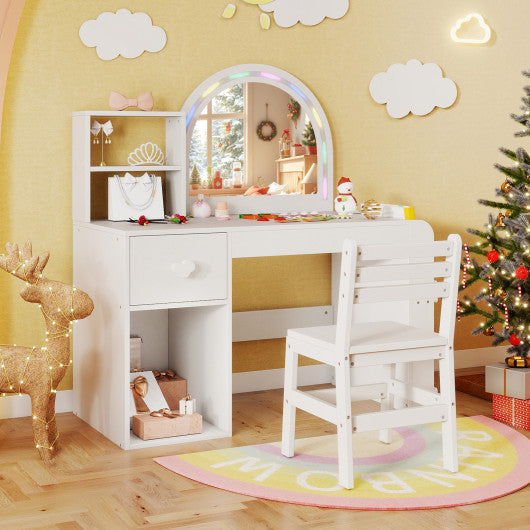Kids Vanity Table and Chair Set with Lighted Mirror for Kids Aged 3+ Years Old-White