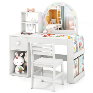 Kids Vanity Table and Chair Set with Lighted Mirror for Kids Aged 3+ Years Old-White
