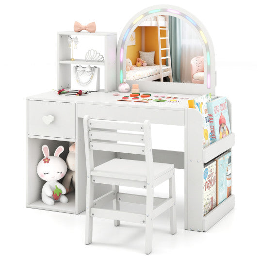 Kids Vanity Table and Chair Set with Lighted Mirror for Kids Aged 3+ Years Old-White