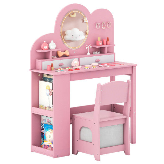 Kids Vanity with Lights Princess Vanity Table and Chair Set with 2 Drawers and 2-Tier Bookshelf-Pink