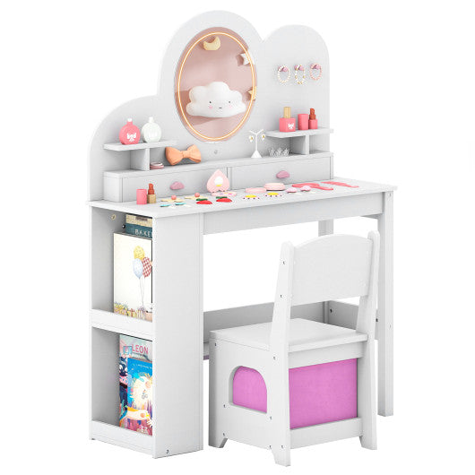Kids vanity set with lights, chair, drawers, and bookshelf in white for a princess-themed room.
