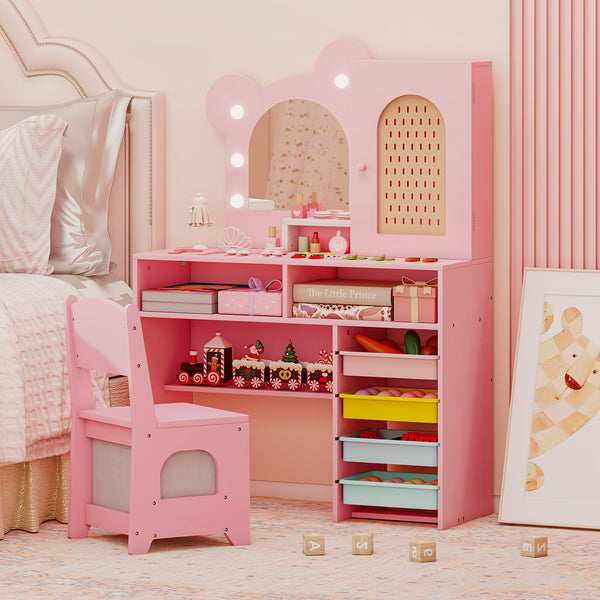 Kids Vanity with Lights and 5 Drawers for Kids Aged 3+ Years Old