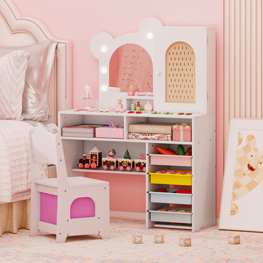 Kids Vanity with Lights and 5 Drawers for Kids Aged 3+ Years Old