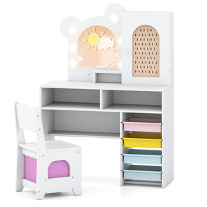 Kids Vanity with Lights and 5 Drawers for Kids Aged 3+ Years Old
